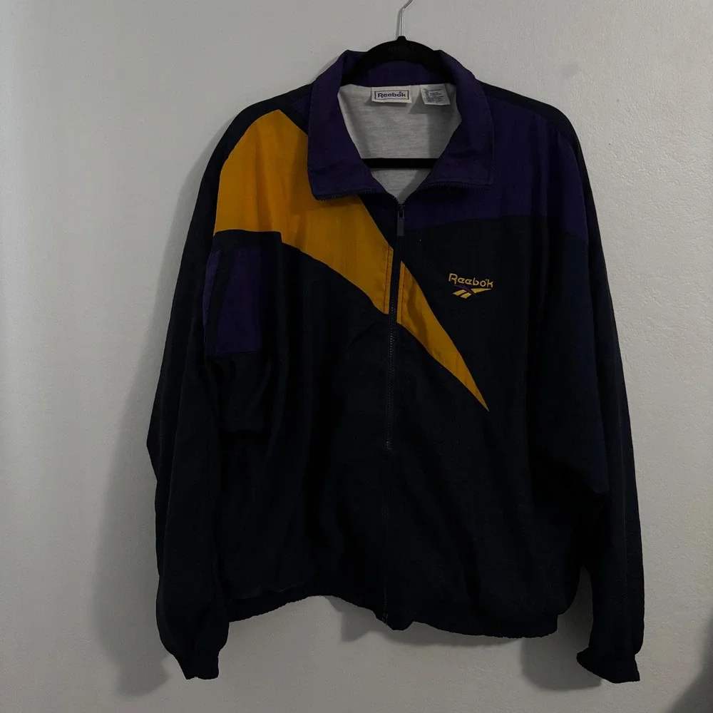 Vtg 90s Reebok Windbreaker Jacket Navy Purple Gold Colorblock Men Large‎ L